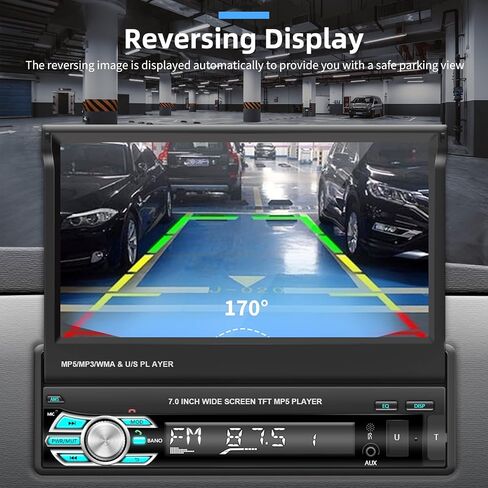 Podofo Single Din Car Stereo 7 بوصة قابلة للطي تعمل باللمس متوافقة مع Apple Carplay & Android Auto Mirror Link مستقبل صوت السيارة كاميرا احتياطية بلوتوث SWC FM راديو USB/TF/AUX وحدة رأس المنفذ in Kuwait