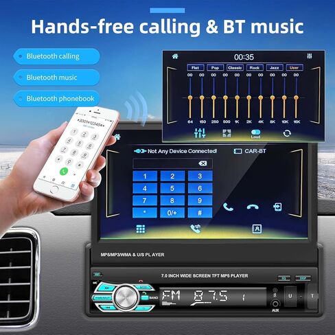 Podofo Single Din Car Stereo 7 بوصة قابلة للطي تعمل باللمس متوافقة مع Apple Carplay & Android Auto Mirror Link مستقبل صوت السيارة كاميرا احتياطية بلوتوث SWC FM راديو USB/TF/AUX وحدة رأس المنفذ in Kuwait
