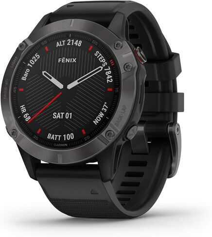ساعة Garmin Fenix ​​6 Sapphire، ساعة GPS متعددة الرياضات المتميزة، تتميز برسم الخرائط والموسيقى وتوجيه السرعة المعدل ومستشعرات نبض الثور، رمادي داكن مع شريط أسود (متجدد) in Kuwait