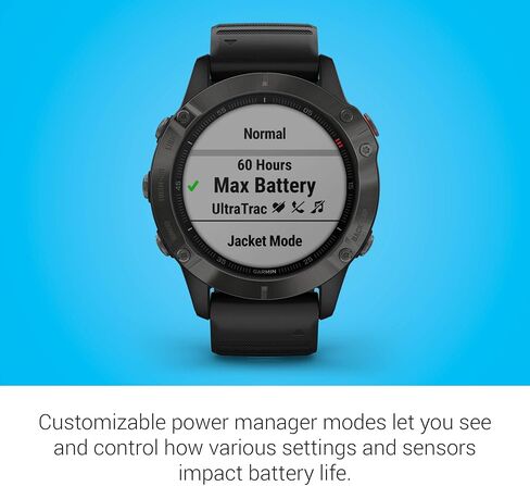 ساعة Garmin Fenix ​​6 Sapphire، ساعة GPS متعددة الرياضات المتميزة، تتميز برسم الخرائط والموسيقى وتوجيه السرعة المعدل ومستشعرات نبض الثور، رمادي داكن مع شريط أسود (متجدد) in Kuwait