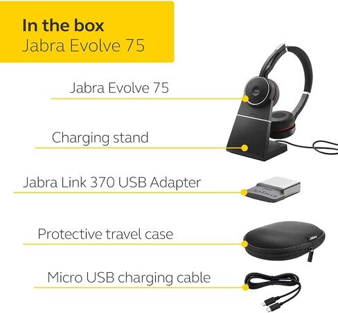 Jabra Evolve 75 MS Wireless Headset, Stereo – Includes Link 370 USB Adapter and Charging Stand – Bluetooth Headset with World-Class Speakers, Active Noise-Cancelling Microphone, All Day Battery in Saudi Arabia