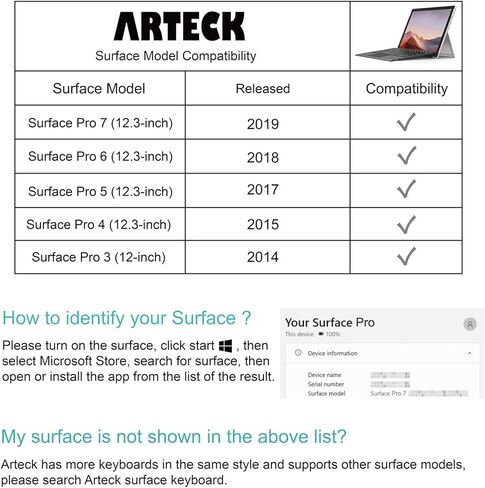 Arteck Microsoft Surface Pro Type Cover, Ultra-Slim Portable Bluetooth Wireless Keyboard with Touchpad Built-in Rechargeable Battery in Saudi Arabia