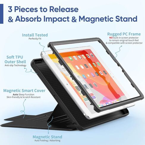 SEYMAC stock Case for iPad (A16) 11th/10th Generation 11/10.9'', Full-Body Drop Protection,[Stitched Slim Pencil Sleeve],Strong Magnetic Auto Sleep Case, Absorbing Multi-Angles Stand, Card Slot- Black in Kuwait