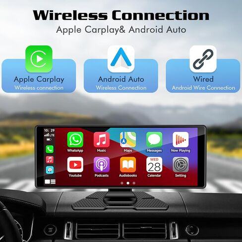 ستيريو سيارة Apple Carplay لاسلكي محمول من Dogfuel، شاشة لمس تلقائية 9.3 بوصة Carplay وAndroid مع كاميرا داش 2.5K، كاميرا احتياطية 1080 بكسل/تسجيل حلقة/وحدة ملاحة GPS بلوتوث/وصلة مرآة in Kuwait