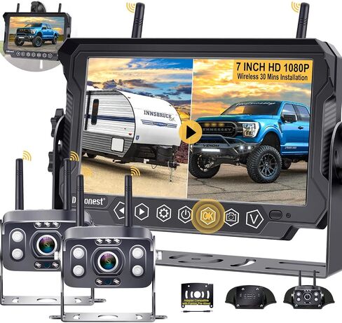 RV Trailer Backup Camera Wireless 2-Cameras: Easy Setup Plug and Play for Furrion Pre-Wired System Recording 7" Touch Key Monitor HD 1080P Truck Camper Fifth Wheel Rear View Cam 4-Channel DoHonest V23 in Kuwait