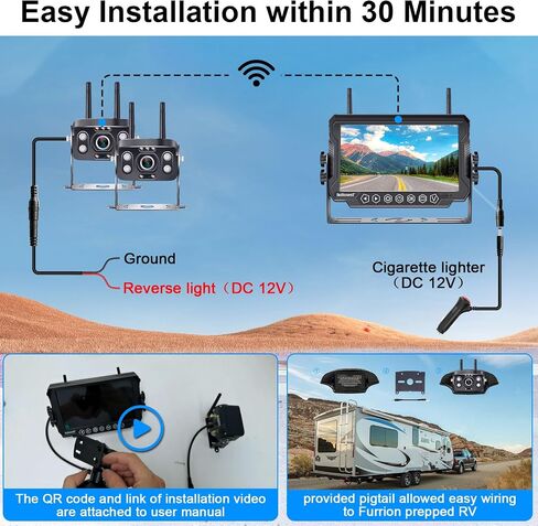 RV Trailer Backup Camera Wireless 2-Cameras: Easy Setup Plug and Play for Furrion Pre-Wired System Recording 7" Touch Key Monitor HD 1080P Truck Camper Fifth Wheel Rear View Cam 4-Channel DoHonest V23 in Kuwait