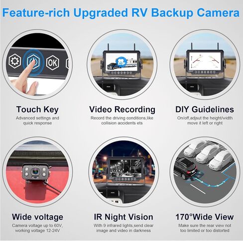 RV Trailer Backup Camera Wireless 2-Cameras: Easy Setup Plug and Play for Furrion Pre-Wired System Recording 7" Touch Key Monitor HD 1080P Truck Camper Fifth Wheel Rear View Cam 4-Channel DoHonest V23 in Kuwait