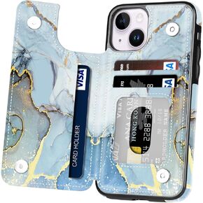 حافظة Hoofur iPhone 13، حافظة حامل بطاقات iPhone 14، محفظة هاتف جلدية فاخرة نحيفة وخفيفة الوزن مع فتحات للبطاقات، غطاء حماية قابل للطي مقاوم للصدمات لهاتف iPhone 13/14 (6.1 بوصة) (أزرق) in Kuwait