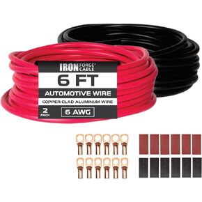Iron Forge Cable 6 Gauge Battery Cable, 2 Roll, 25 Ft per Roll, Red & Black | 6 AWG Primary Wire, Copper Clad Aluminum, 6 5/16 & 6 3/8 Lugs + Heat Shrink Tubing, For Battery, Ground, Power Cable Runs in Saudi Arabia