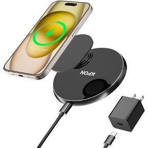 شاحن لاسلكي KPON متوافق مع Popsocket/Otterbox/حافظات سميكة تصل إلى 10 مم، لوحة شحن لاسلكية بحد أقصى 15 وات لهاتف iPhone 15 Pro/14/13/12/11/SE/X/8/ (يتضمن محول PD) in Kuwait