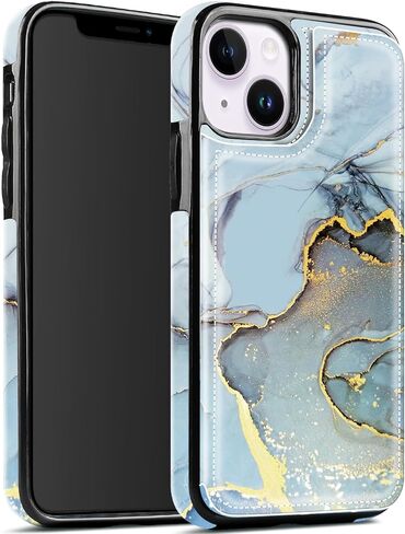 حافظة Hoofur iPhone 13، حافظة حامل بطاقات iPhone 14، محفظة هاتف جلدية فاخرة نحيفة وخفيفة الوزن مع فتحات للبطاقات، غطاء حماية قابل للطي مقاوم للصدمات لهاتف iPhone 13/14 (6.1 بوصة) (أزرق) in Kuwait
