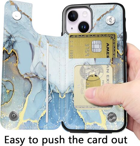 حافظة Hoofur iPhone 13، حافظة حامل بطاقات iPhone 14، محفظة هاتف جلدية فاخرة نحيفة وخفيفة الوزن مع فتحات للبطاقات، غطاء حماية قابل للطي مقاوم للصدمات لهاتف iPhone 13/14 (6.1 بوصة) (أزرق) in Kuwait