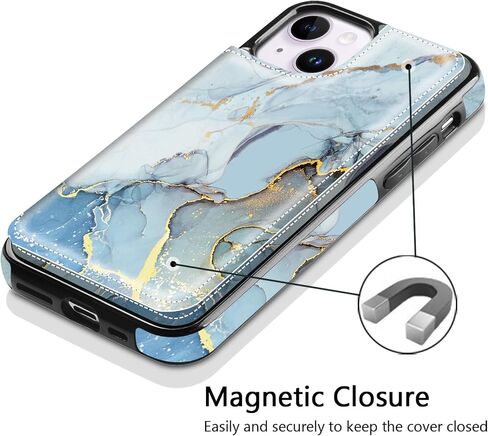 حافظة Hoofur iPhone 13، حافظة حامل بطاقات iPhone 14، محفظة هاتف جلدية فاخرة نحيفة وخفيفة الوزن مع فتحات للبطاقات، غطاء حماية قابل للطي مقاوم للصدمات لهاتف iPhone 13/14 (6.1 بوصة) (أزرق) in Kuwait