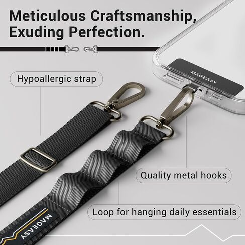 MAGEASY Rover iPhone Lanyard Crossbody with Tether Tab & Attachment Loop, Adjustable Anti Theft Phone Strap for Samsung Google Pixel, 20mm Neck Shoulder Lanyard, Holds 55lb (Dual Clip, Black) in Kuwait