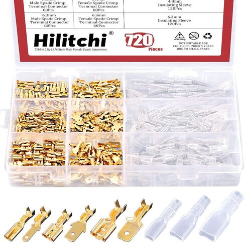 Hilitchi 720Pcs Gold Quick Splice Male and Female Wire Spade Connector Wire Crimp Terminal Block with Insulating Sleeve for Electrical Wiring Car Audio Speaker, 2.8mm 4.8mm 6.3mm Assortment Kit in Saudi Arabia