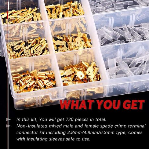 Hilitchi 720Pcs Gold Quick Splice Male and Female Wire Spade Connector Wire Crimp Terminal Block with Insulating Sleeve for Electrical Wiring Car Audio Speaker, 2.8mm 4.8mm 6.3mm Assortment Kit in Saudi Arabia