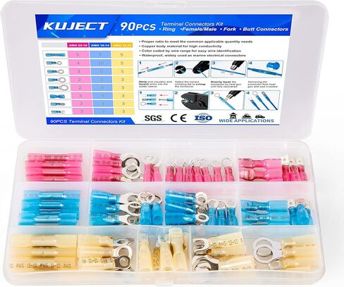 450 قطعة من موصلات الأسلاك المنكمشة بالحرارة من Kuject، مجموعة أطراف أسلاك كهربائية متعددة الأغراض مقاومة للماء، موصلات مجعدة معزولة بحلقة شوكة ووصلات بعقب لشاحنة القوارب البحرية للسيارات in Kuwait