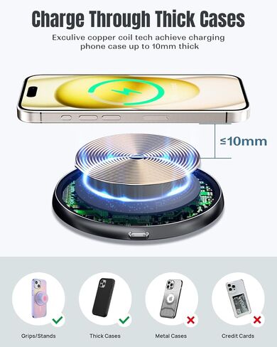 شاحن لاسلكي KPON متوافق مع Popsocket/Otterbox/حافظات سميكة تصل إلى 10 مم، لوحة شحن لاسلكية بحد أقصى 15 وات لهاتف iPhone 15 Pro/14/13/12/11/SE/X/8/ (يتضمن محول PD) in Kuwait
