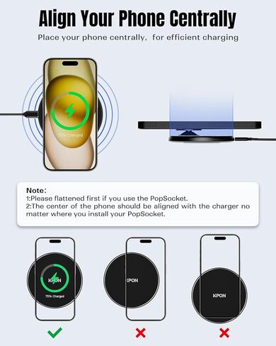 شاحن لاسلكي KPON متوافق مع Popsocket/Otterbox/حافظات سميكة تصل إلى 10 مم، لوحة شحن لاسلكية بحد أقصى 15 وات لهاتف iPhone 15 Pro/14/13/12/11/SE/X/8/ (يتضمن محول PD) in Kuwait