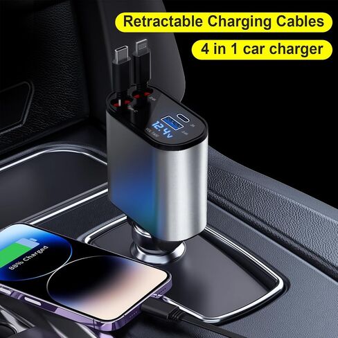 Retractable Car Charger, 4 in 1 Fast Car Phone Charger 60W, Retractable Cables and USB Car Charger,Compatible with iPhone 15/14/13/12/11,Galaxy,Pixel in Saudi Arabia