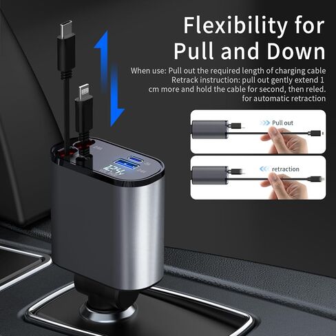 Retractable Car Charger, 4 in 1 Fast Car Phone Charger 60W, Retractable Cables and USB Car Charger,Compatible with iPhone 15/14/13/12/11,Galaxy,Pixel in Saudi Arabia