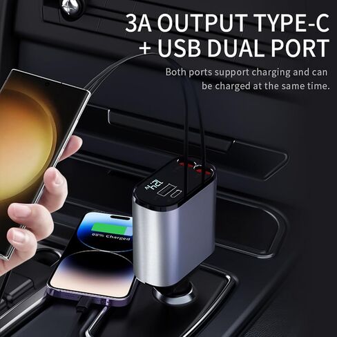 Retractable Car Charger, 4 in 1 Fast Car Phone Charger 60W, Retractable Cables and USB Car Charger,Compatible with iPhone 15/14/13/12/11,Galaxy,Pixel in Saudi Arabia