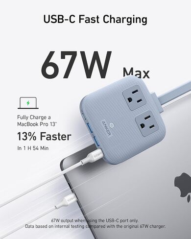 محطة شحن Anker Nano (67 واط كحد أقصى)، شريط طاقة 6 في 1 USB C لأجهزة iPhone 14/13 وMacBook، مع قابس مسطح وسلك تمديد رفيع غير قابل للفصل بطول 5 أقدام، 2 تيار متردد، 2 USB A، 2 USB C، للمنزل والمكتب( شل الأبيض) in Kuwait