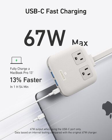 محطة شحن Anker Nano (67 واط كحد أقصى)، شريط طاقة 6 في 1 USB C لأجهزة iPhone 14/13 وMacBook، مع قابس مسطح وسلك تمديد رفيع غير قابل للفصل بطول 5 أقدام، 2 تيار متردد، 2 USB A، 2 USB C، للمنزل والمكتب( شل الأبيض) in Kuwait