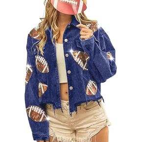 Aimiray Women's Cropped Corduroy Jacket Football Sequin Patched Print Button Frayed Hem Shacket Outerwear Coat