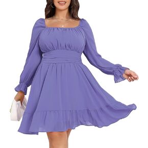 Byinns Women's Plus Size Tie Back Square Neck Mini Dress Long Lantern Sleeve Elastic Waist Wedding Guest Dresses 2023