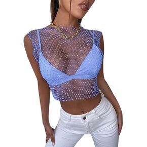 Women Sexy Mesh Tank Tops Diamond Hollow Out See Through Crop Tops for Festival Club Rave Outfit in Kuwait