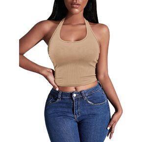 Ekouaer Women Halter Top Sleeveless Backless Scroop Neck Slim Stretchy Ribbed Knit Crop Tops S-XXL