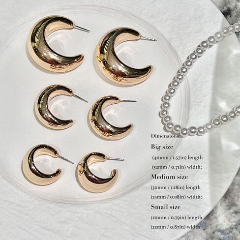 Chunky Stud Half Hoop Earrings for Women Stud Half Open Earrings Filled Simple Hypoallergenic Jewelry Gold & Silver (Large) in Kuwait