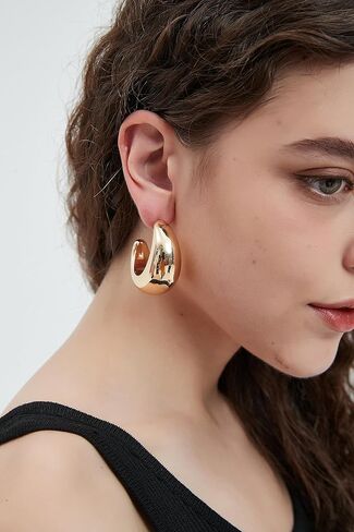 Chunky Stud Half Hoop Earrings for Women Stud Half Open Earrings Filled Simple Hypoallergenic Jewelry Gold & Silver (Large) in Kuwait