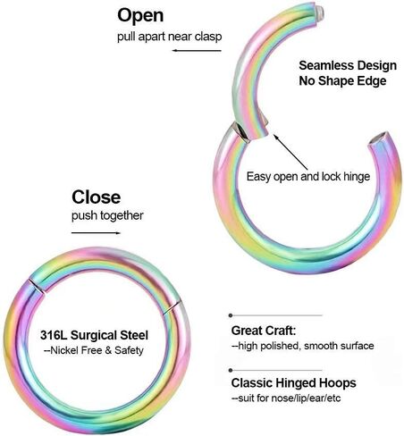 حلقات الأنف، 316L حلقات الأنف المفصلية من الفولاذ الجراحي 20 جرام 18 جرام 16 جرام 14 جرام حلقة الحاجز الحلزوني الغضروف هوب حلق ثقب الجسم مجوهرات قطر 5 مم - 14 مم، ذهبي، ذهبي وردي، فضي، أسود، قوس قزح in Kuwait