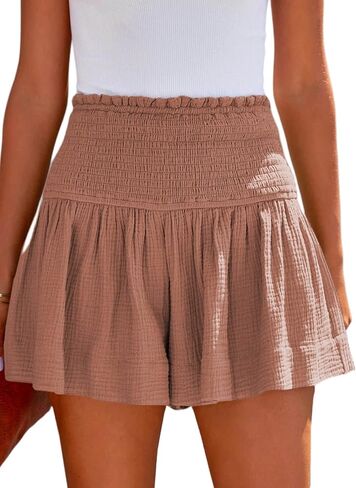 شورت نسائي من Bysan مصنوع من القطن عالي المرونة وخصر مطوي وكشكش لطيف، شورت شاطئ كاجوال واسع S-XL in Kuwait