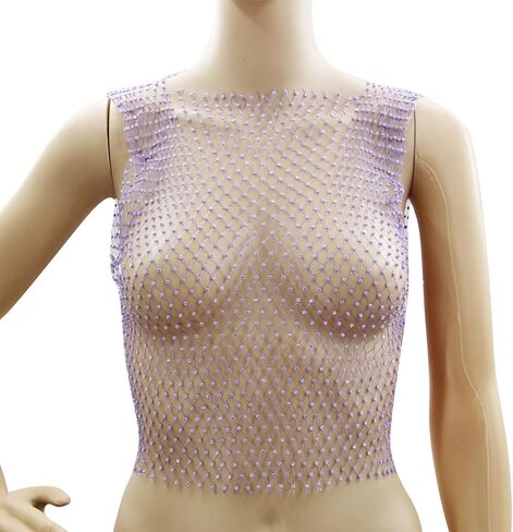 Women Sexy Mesh Tank Tops Diamond Hollow Out See Through Crop Tops for Festival Club Rave Outfit in Kuwait