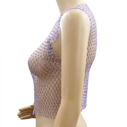 Women Sexy Mesh Tank Tops Diamond Hollow Out See Through Crop Tops for Festival Club Rave Outfit in Kuwait
