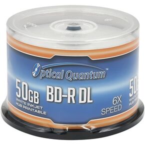 Optical Quantum 6X 50GB BD-R DL White Inkjet Printable Blu-ray Double Layer Recordable Media, 50-Disc Spindle