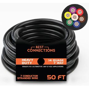 BEST CONNECTIONS 7 Way Trailer Wire (100 Feet) – Heavy Duty 14 Gauge 7 Conductor Insulated Cable – Durable, Weatherproof, Color-Coded 7 Way Trailer Wiring Extension for RV Trailer and Automotive