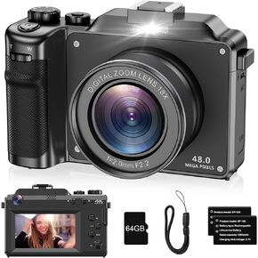 كاميرا للتصوير الفوتوغرافي، كاميرا رقمية بدقة 4K مضادة للاهتزاز وكاميرا فيديو مدمجة بدقة 48 ميجابكسل مع تكبير رقمي 18X، كاميرا تسجيل فيديو واي فاي بتركيز تلقائي أثناء السفر، كاميرا توجيه وتصوير مع بطاقة TF سعة 64 جيجابايت، بطاريتان in Kuwait