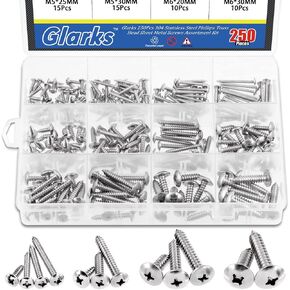 Glarks 250Pcs M3 M4 M5 M6 Metric 304 Stainless Steel Phillips Truss Head Sheet Metal Tek Screws Assortment Kit, 12 Sizes 12-30mm Pan Head Self Tapping Wood Screws Set