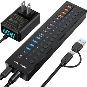 Powered USB Hub, ACASIS 11 Port 48W USB Hub 3.0 with 4*USB A Smart Charging, 2*USB C 3.0, 5*USB A, Wall Mountable USB Hub, Individual On/Off Switches, 12V/4A DC Power Adapter for Laptops, PC