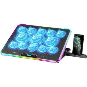 KYOLLY RGB Cooling Pad Gaming Laptop Cooler, Laptop Fan Cooling Stand with 6 Quiet for 15.6-17.3 inch laptops, 9 Height Stand, LED Lights & LCD Screen, 2 USB Ports, Lap Desk Use
