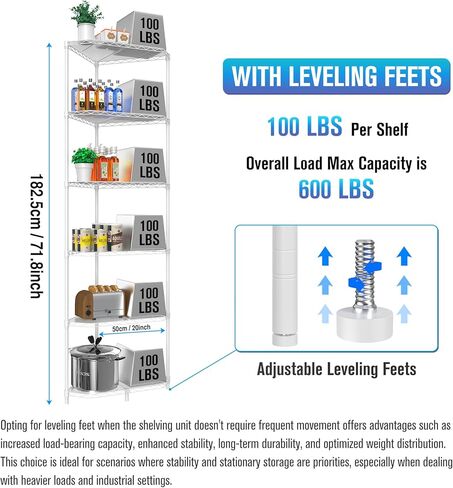 وحدة رفوف سلكية زاوية من 6 طبقات NSF، مقاس 20 × 20 × 72 بوصة بسعة 600 رطل، رف تخزين معدني قابل للتعديل للخدمة الشاقة مع أقدام تسوية وبطانات أرفف للحمام والمطبخ المكتبي والمزيد - أبيض in Kuwait
