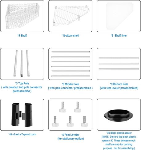 وحدة رفوف سلكية زاوية من 6 طبقات NSF، مقاس 20 × 20 × 72 بوصة بسعة 600 رطل، رف تخزين معدني قابل للتعديل للخدمة الشاقة مع أقدام تسوية وبطانات أرفف للحمام والمطبخ المكتبي والمزيد - أبيض in Kuwait