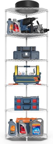وحدة رفوف سلكية زاوية من 6 طبقات NSF، مقاس 20 × 20 × 72 بوصة بسعة 600 رطل، رف تخزين معدني قابل للتعديل للخدمة الشاقة مع أقدام تسوية وبطانات أرفف للحمام والمطبخ المكتبي والمزيد - أبيض in Kuwait