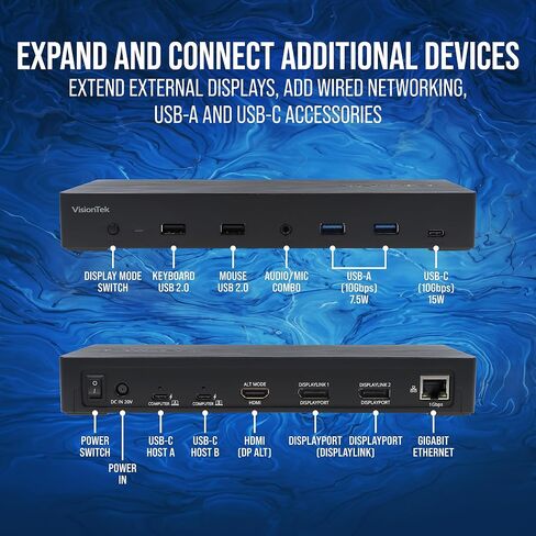 VisionTek VT4950 KVM USB-C Docking Station - Dual Host 100W Charging, Triple 4K Display, 4X USB, 1x USB-C, Ethernet and Audio, for Windows, Mac and Chrome OS 901520 in Saudi Arabia