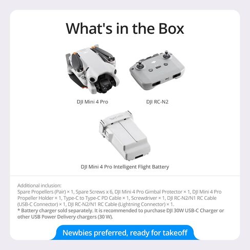 DJI Mini 4 Pro (DJI RC-N2)، طائرة بدون طيار صغيرة قابلة للطي مع كاميرا فيديو 4K HDR للبالغين، أقل من 0.549 رطل/249 جرام، وقت طيران 34 دقيقة، أقصى مسافة نقل فيديو 20 كم، مستشعر رؤية متعدد الاتجاهات in Kuwait