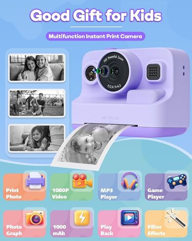 Instant Print Camera for Kids,2.4 Inch Screen Kids Instant Cameras, Christmas Birthday Gifts for Girls Age 3-12, Portable Toddler Toy for 3 4 5 6 7 8 9 10 Year Old Girls Boys Purple | Christmas Birthday Gifts for Girls Age 3-12, Portable Toddler Toy for 3 in Saudi Arabia